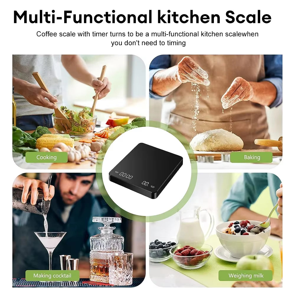 Digital Coffee Scale with Timer LED Screen Espresso USB 3Kg Max.Weighing 0.1G High Precision Measures in Oz/Ml/G Kitchen Scale