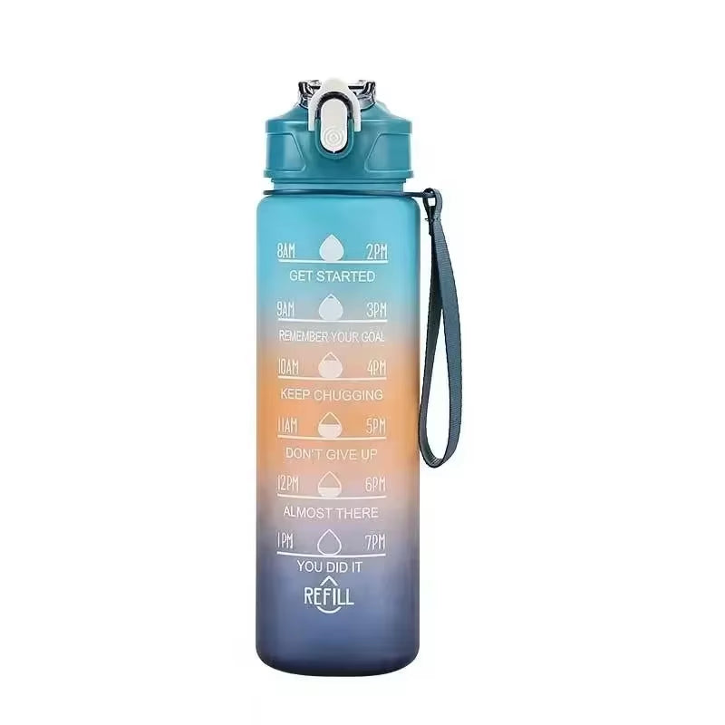 1Pc Gradient Sports Water Bottle with Straw & Time Marker for Outdoor Fitness Hiking & Gym Leakproof Travel Water Bottle