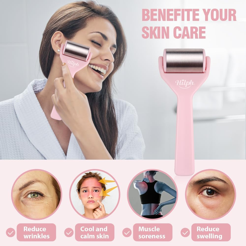 Ice Roller for Face Eyes, Medium Size Stainless Steel Ice Face Roller for Skin Irritation, Face Roller Massager for Puffiness Migraine Relief and Minor Injury, Womens Gifts - Pink