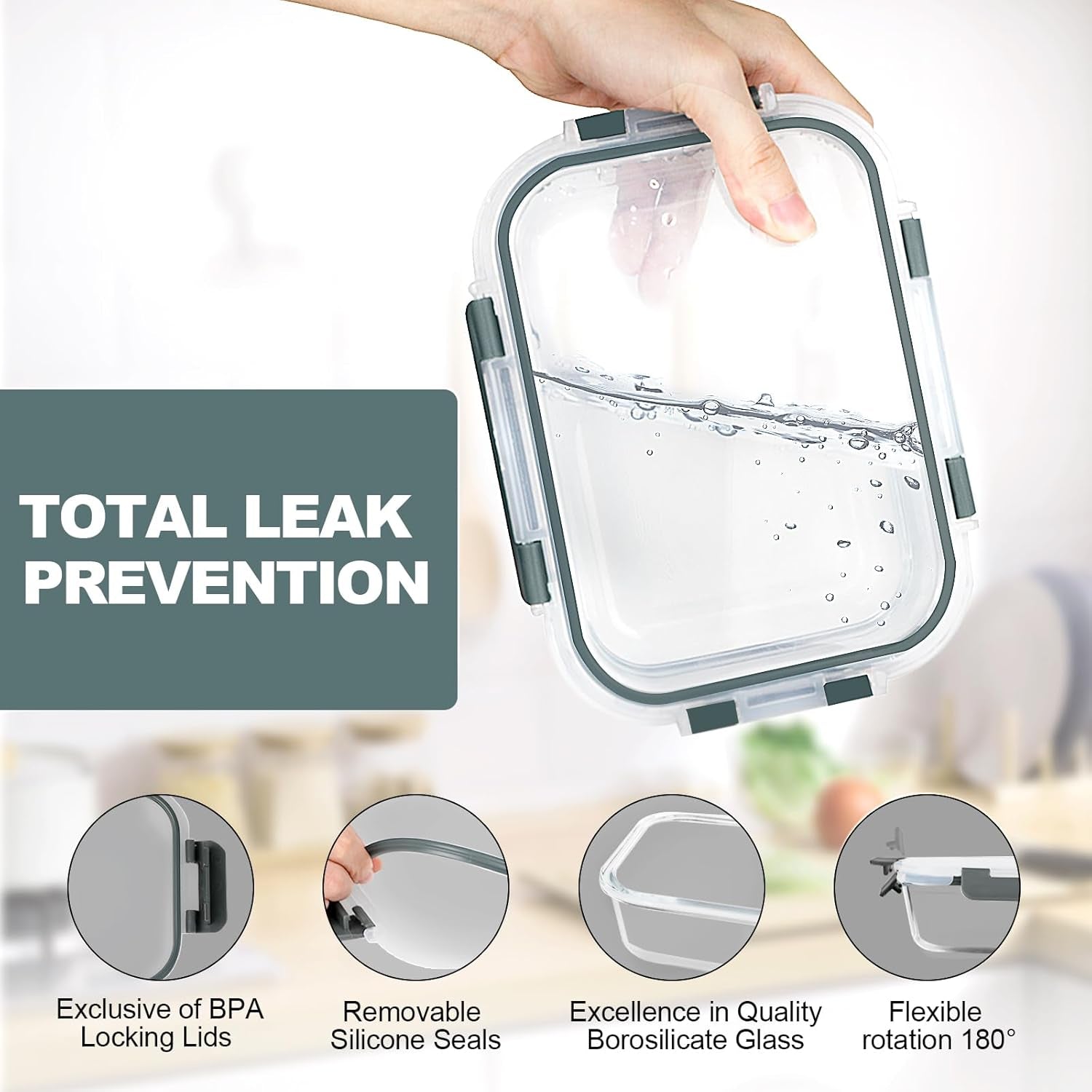 10 Pack 22 OZ Glass Meal Prep Containers, Airtight Glass Lunch Containers Set, Glass Food Storage Containers with Lids,Exclusive of BPA, for Microwave, Oven, Freezer & Dishwasher Friendly,Grey