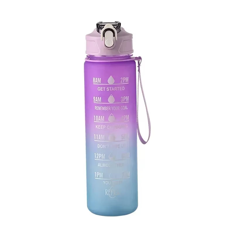 1Pc Gradient Sports Water Bottle with Straw & Time Marker for Outdoor Fitness Hiking & Gym Leakproof Travel Water Bottle