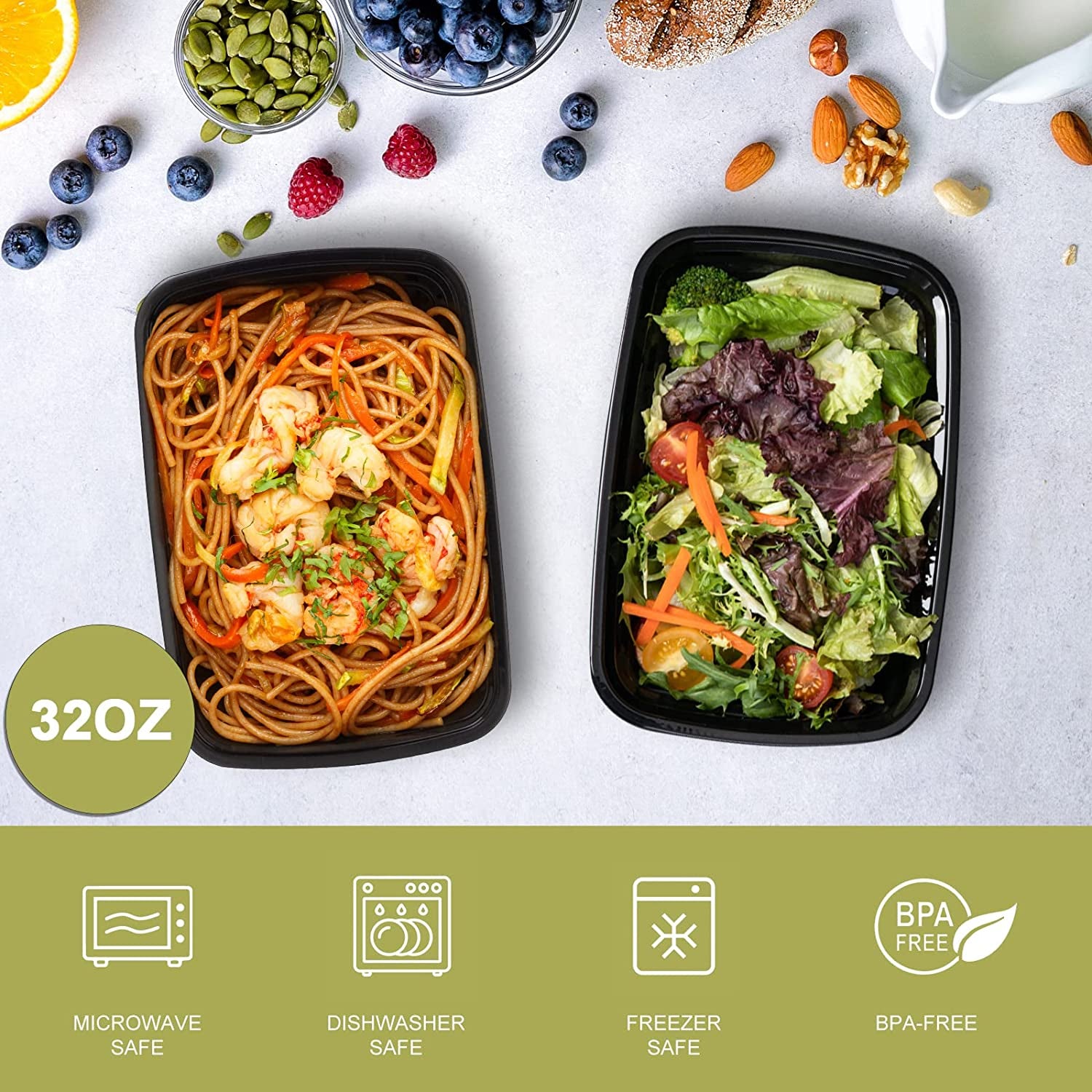 50 Pack- Meal Prep Containers 32Oz, Plastic Food with Lids, Leakproof to Go Lids Reusable Containers, Bpa-Free, Microwave/Dishwasher/Freezer Safe Black-50Pack