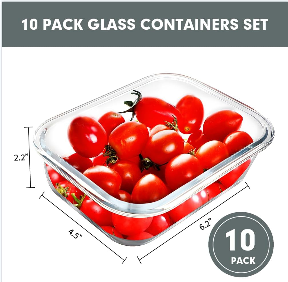 10 Pack 22 OZ Glass Meal Prep Containers, Airtight Glass Lunch Containers Set, Glass Food Storage Containers with Lids,Exclusive of BPA, for Microwave, Oven, Freezer & Dishwasher Friendly,Grey