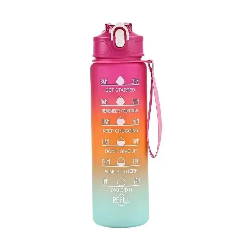 1Pc Gradient Sports Water Bottle with Straw & Time Marker for Outdoor Fitness Hiking & Gym Leakproof Travel Water Bottle