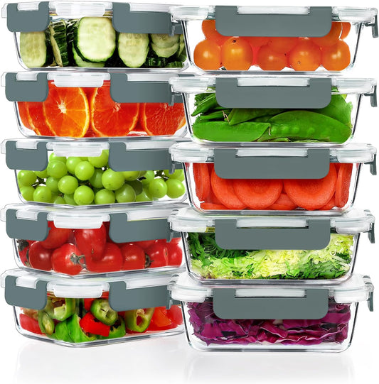 10 Pack 22 OZ Glass Meal Prep Containers, Airtight Glass Lunch Containers Set, Glass Food Storage Containers with Lids,Exclusive of BPA, for Microwave, Oven, Freezer & Dishwasher Friendly,Grey
