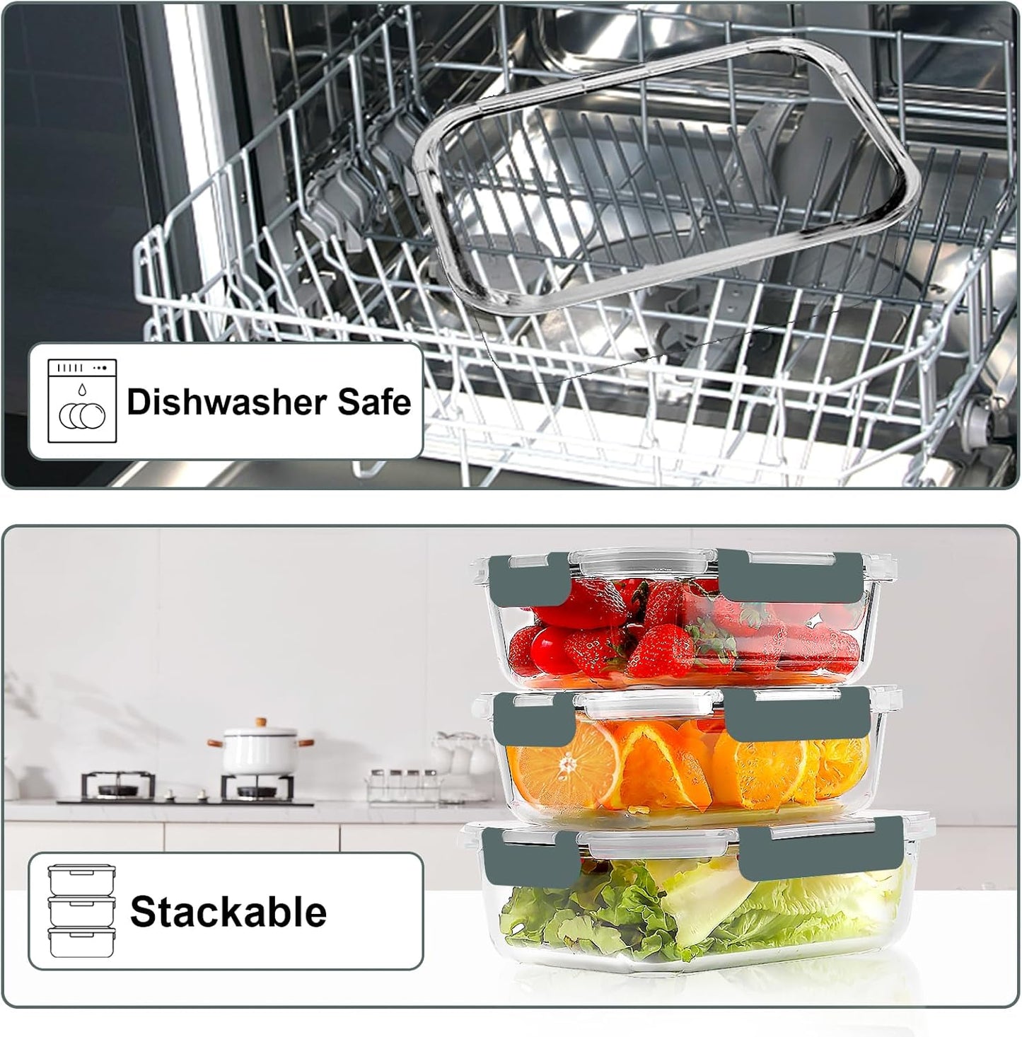 10 Pack 22 OZ Glass Meal Prep Containers, Airtight Glass Lunch Containers Set, Glass Food Storage Containers with Lids,Exclusive of BPA, for Microwave, Oven, Freezer & Dishwasher Friendly,Grey