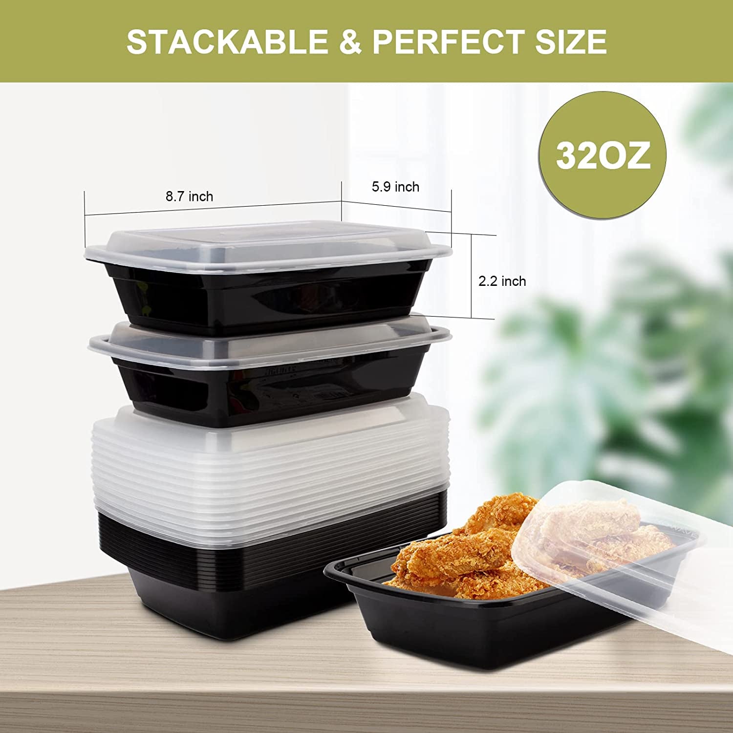 50 Pack- Meal Prep Containers 32Oz, Plastic Food with Lids, Leakproof to Go Lids Reusable Containers, Bpa-Free, Microwave/Dishwasher/Freezer Safe Black-50Pack
