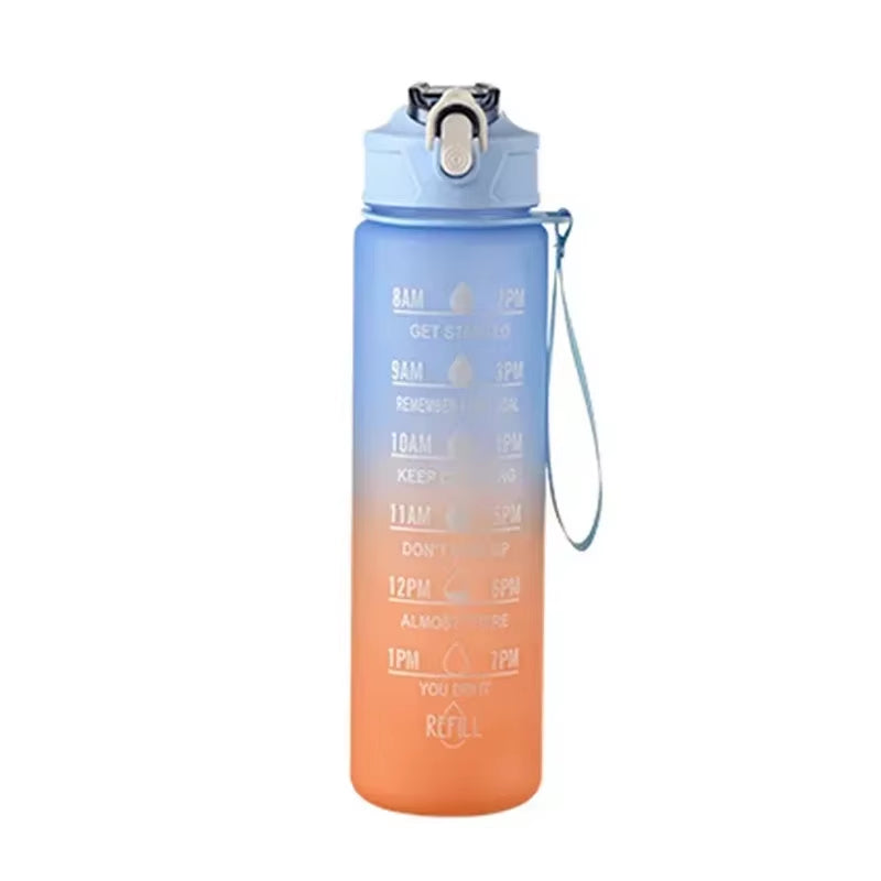 1Pc Gradient Sports Water Bottle with Straw & Time Marker for Outdoor Fitness Hiking & Gym Leakproof Travel Water Bottle