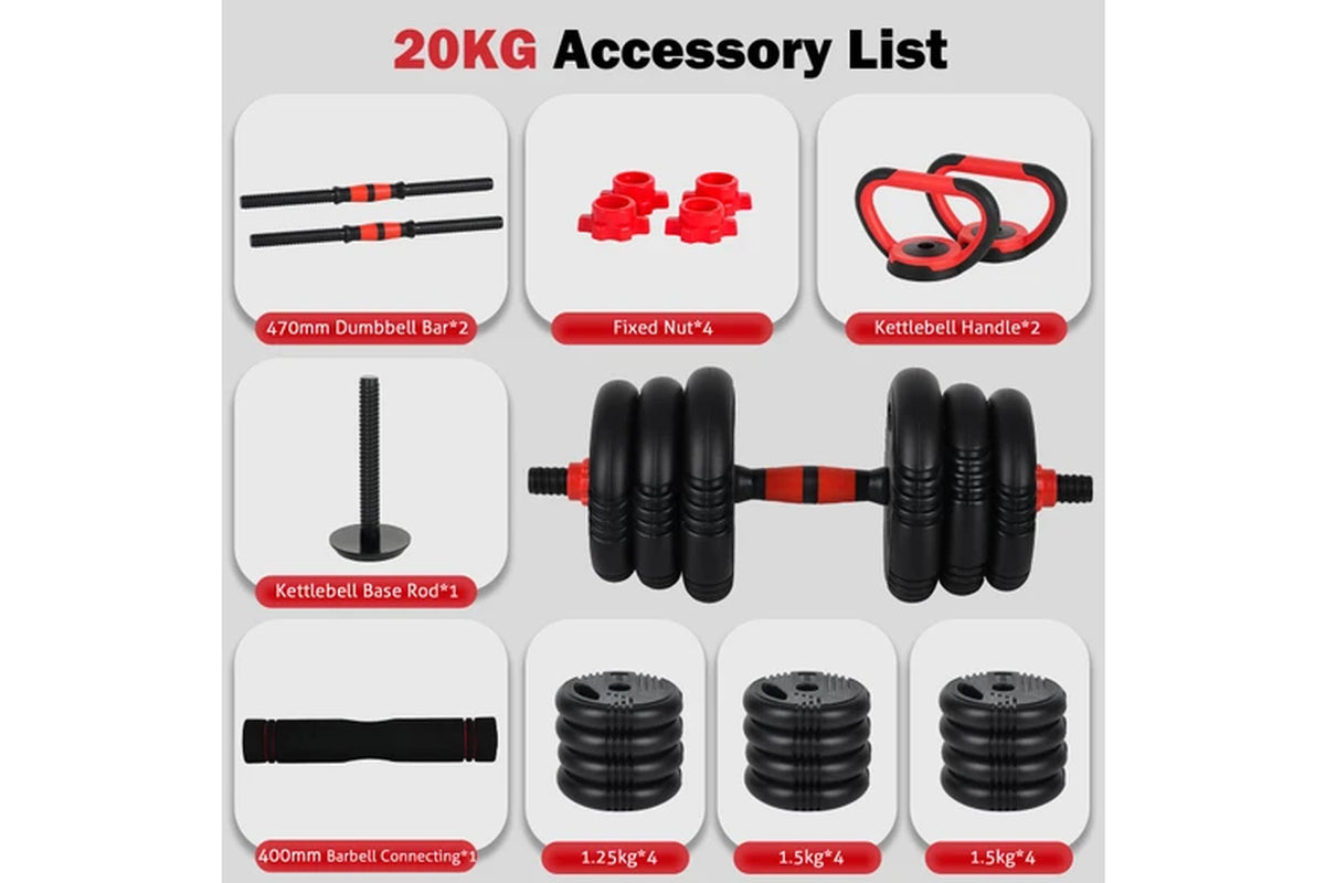 20Kg Adjustable Dumbbells, 5-In-1 Dumbbells Set Used as Barbell, Kettlebells, Push up Stand, Weight Plate for Home Gym