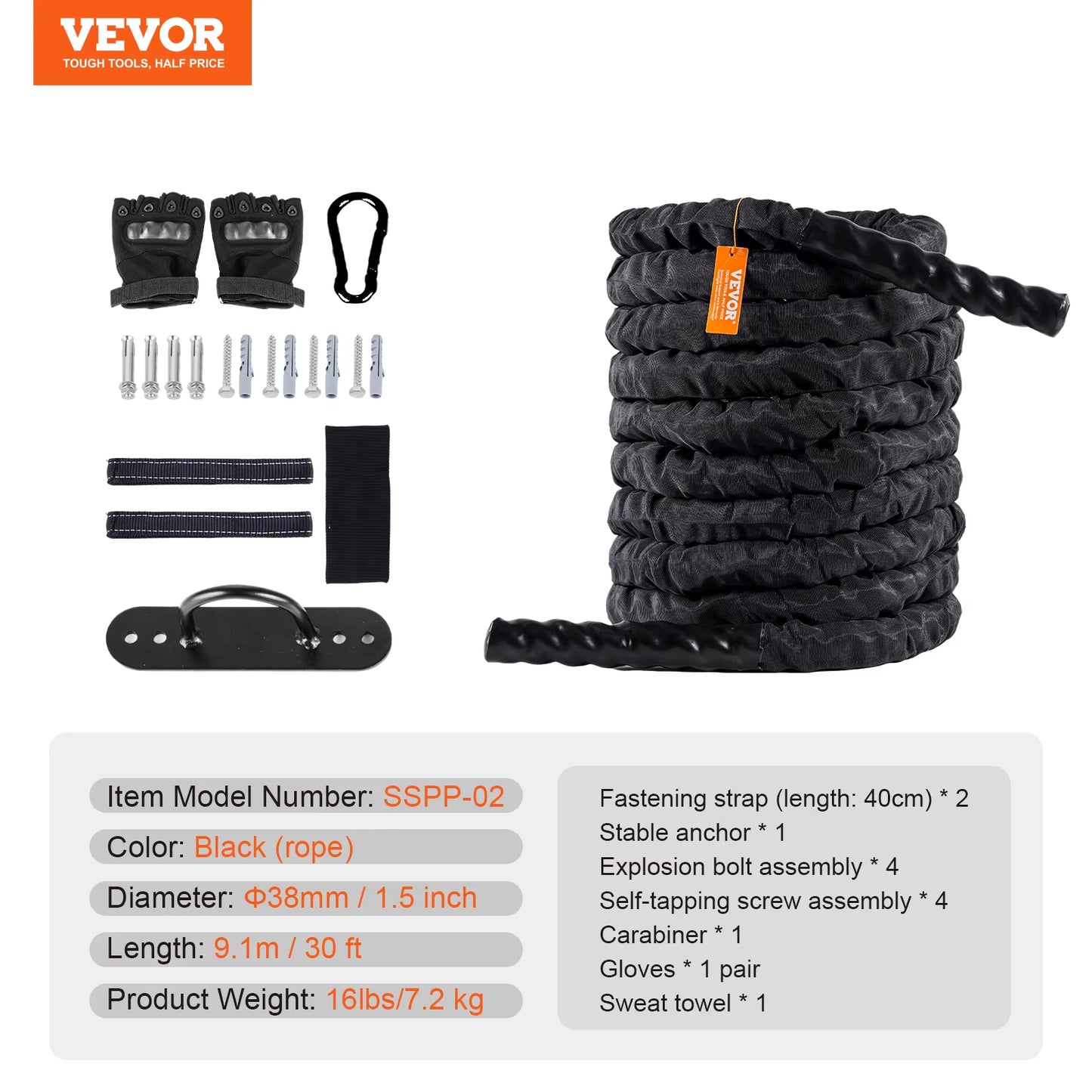 Succebuy Battle Rope Polyester Exercise Rope Battle Exercise Equipment W/ Protective Sleeve and Anchor Heavy Weighted Pull Rope