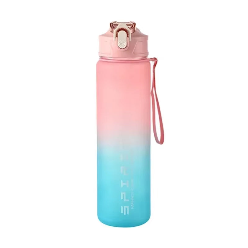 1Pc Gradient Sports Water Bottle with Straw & Time Marker for Outdoor Fitness Hiking & Gym Leakproof Travel Water Bottle