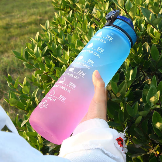 1L Water Bottle Gradient Color Motivational Sports Water Bottle with Time Marker Leak-Proof Cup for Office, Gym, Outdoor