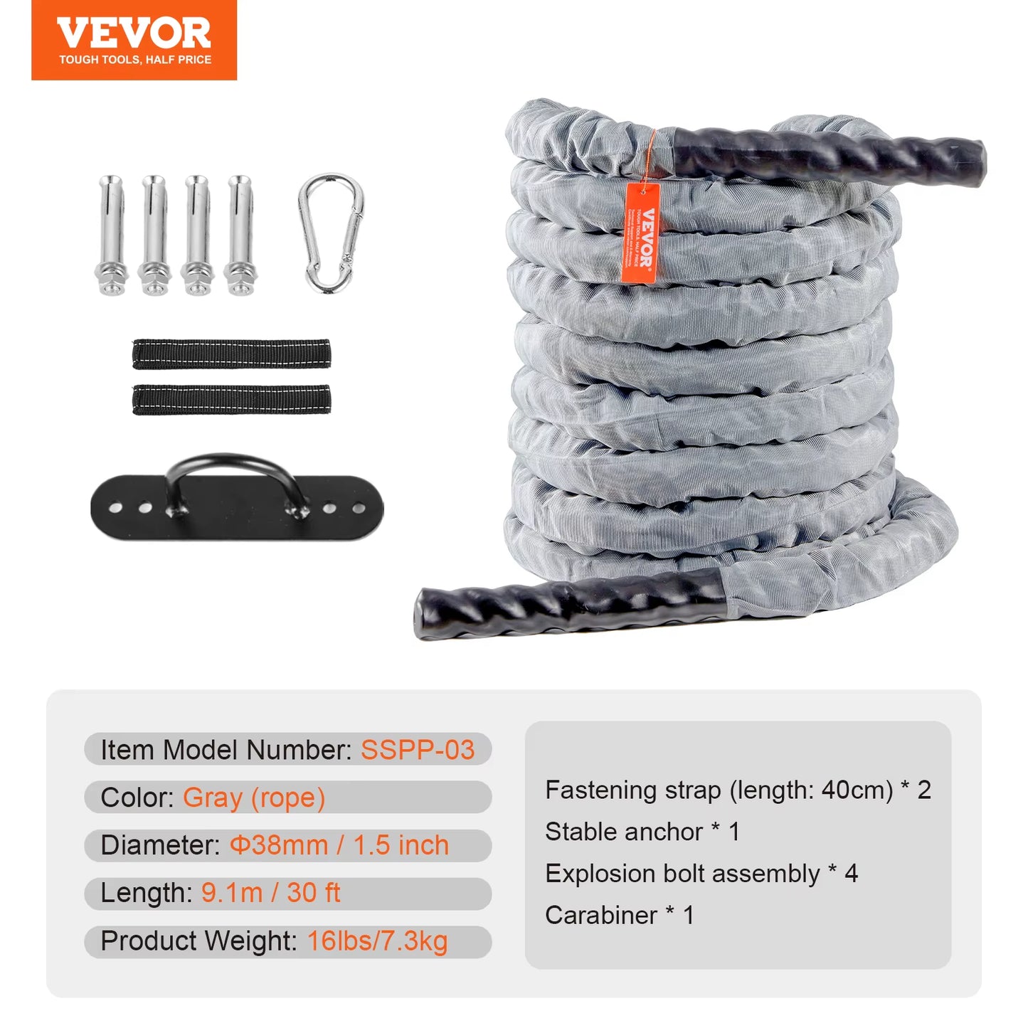 Succebuy Battle Rope Polyester Exercise Rope Battle Exercise Equipment W/ Protective Sleeve and Anchor Heavy Weighted Pull Rope