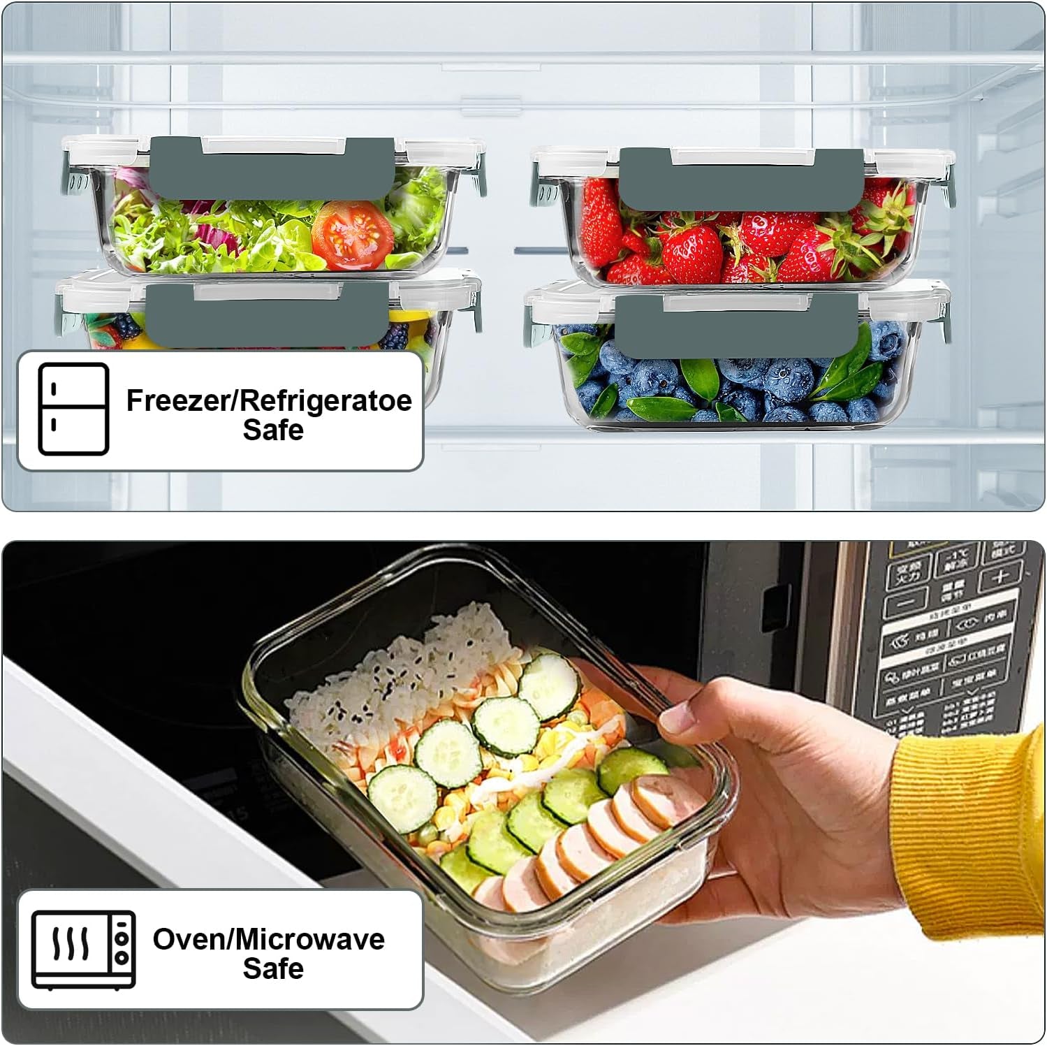 10 Pack 22 OZ Glass Meal Prep Containers, Airtight Glass Lunch Containers Set, Glass Food Storage Containers with Lids,Exclusive of BPA, for Microwave, Oven, Freezer & Dishwasher Friendly,Grey
