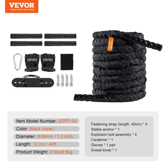 Succebuy Battle Rope Polyester Exercise Rope Battle Exercise Equipment W/ Protective Sleeve and Anchor Heavy Weighted Pull Rope